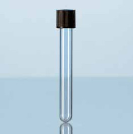 Tube de culture, en verre sodocalcique, avec bouchon PP Capacité 12 ml Ø ext. 16 mm Hauteur 100 mm Epaisseur de paroi 1 mm DIN-Filetage 18 GL