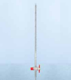 Burette DURAN® avec robinet RIN droit, classe AS Capacité 10 ml Grad. 0,02 ml Tolérances 0,02 ± ml Robinet avec Clé en verre Hauteur 750 mm