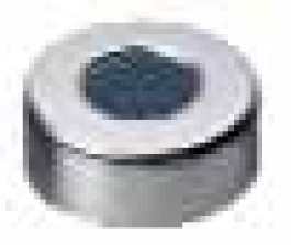 Crimp closures, Aluminium, ready assembled Bouchons couleur argent, trou central Septa Butyl gris foncé / PTFE gris (seulement laminé au centre, appelé couramment Pharma-Fix) Shore 50° shore A Epaisseur 3,00 mm