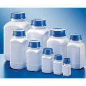 Flacon carré col large sans bouchon Capacité 1500 ml Couleur blanche Largeur 108 mm Prof. 108 mm Hauteur sans bouchon 209,0 mm Filetage Ø extérieur 80 mm