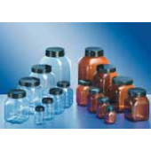 Flacon carré en PVC à col large Capacité 200 ml Largeur 59,5 mm Prof. 59,5 mm Hauteur sans bouchon 87,0 mm Filetage Ø extérieur 50 mm Couleur transparent