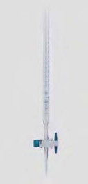 Burette en verre à robinet droit Classe AS Capacité 10 ml Grad. 0,02 ml Tolérances 0,020 ± ml Description Avec bande Schellbach