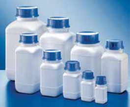 Flacon carré col large sans bouchon Capacité 350 ml Couleur naturelle Largeur 60 mm Prof. 60 mm Hauteur sans bouchon 164,0 mm Filetage  Ø extérieur 45 mm