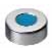 Crimp closures, Aluminium, ready assembled Bouchons couleur argent, trou central Septa Silicone bleu / PTFE incolore Shore 40° shore A Epaisseur 3,00 mm