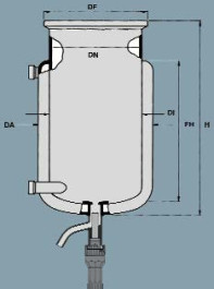 Réacteur en verre à rodage plan à double enveloppe Capacité 4000 ml DN 150 mm Forme A Ø A sup. 200 mm Ø bride 184 mm Hauteur 355 mm Hauteur deremplissage 250 mm