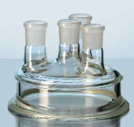 Couvercle en verre DURAN ® à bride plan 4 cols rodés DN 100 Ø bride 138 mm Hauteur 105 mm Tubulure latérale 2 x 29/32 inclinées, 1 x 14/23 verticale RN