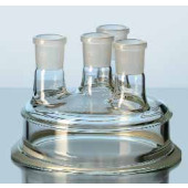 Couvercle en verre DURAN ® à bride plan 4 cols rodés DN 100 Ø bride 138 mm Hauteur 105 mm Tubulure latérale 2 x 29/32 inclinées, 1 x 14/23 verticale RN